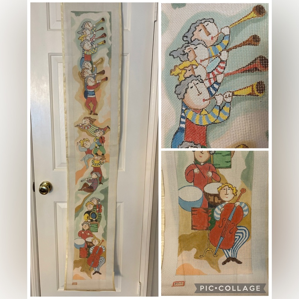 Five-foot needlepoint canvas with musicians and instruments, 14 mesh, 60x10 inch